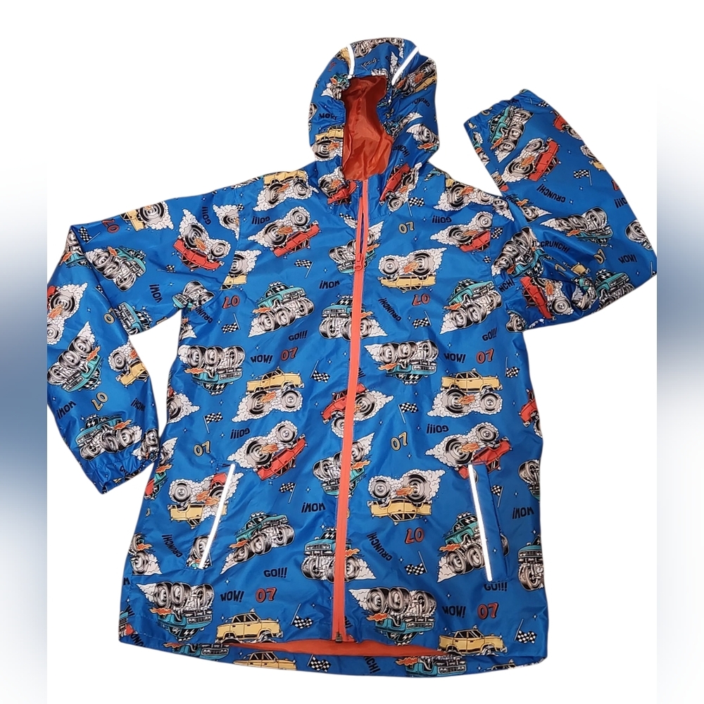 Lily & Dan Blue Monster Truck Print Hooded Zip-up Rain Jacket w Front Pockets